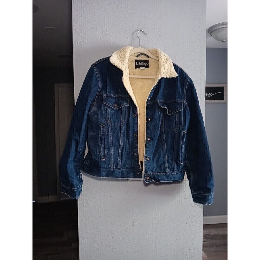 Vintage Lamigo Denim Sherpa fur lined Trucker snap Jacket Mens Large